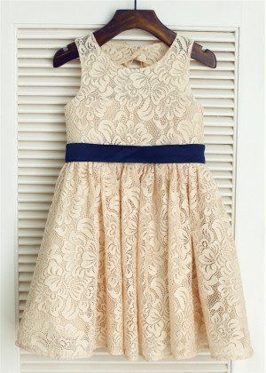 Champagne Lace Navy Blue/Pink Bow Keyhole Back Flower Girl Dress